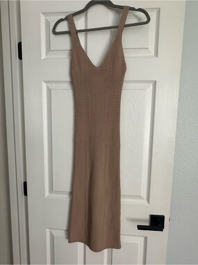 Guess Ribbed V-Neck Midi Dress - Taupe
